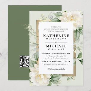 Sage Eucalyptus Rose Ivory & Gold Frame Wedding Invitation