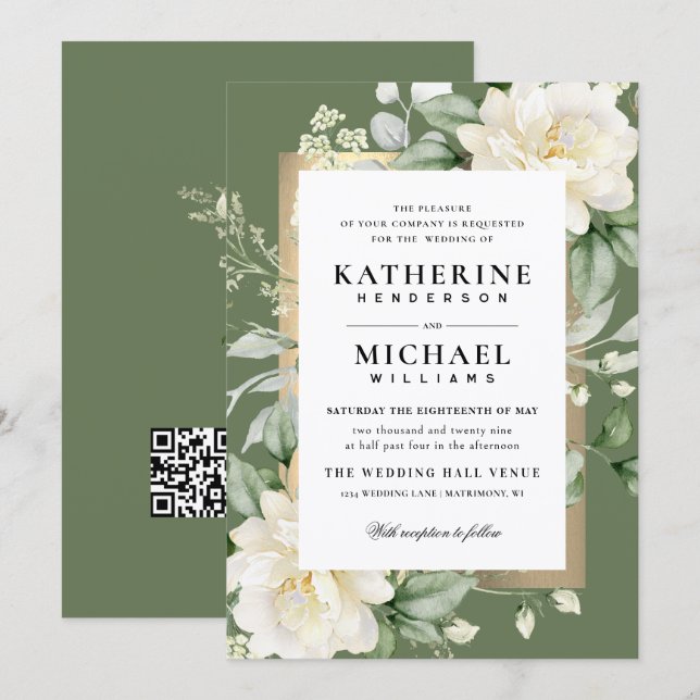 Sage Eucalyptus Rose Ivory & Gold Frame Wedding Invitation (Front/Back)
