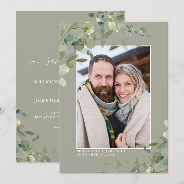 Sage Eucalyptus Wedding Photo Save the Date (Front/Back)