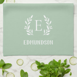 Sage Farmhouse Branch Monogram   Editable Colours Tea Towel