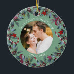 Sage First Christmas Together Personalised Photo Ceramic Ornament<br><div class="desc">Romantic ornament for a couple features beautiful Christmas wreath and a sage green background. Personalise the template with your photograph,  names or custom text. You can change the background colour if you like,  just click on "Edit using design tool".</div>