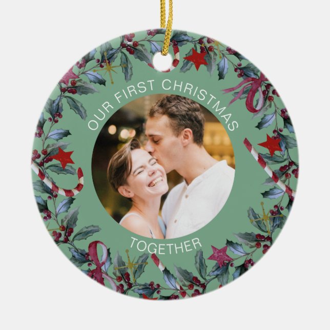 Sage First Christmas Together Personalised Photo Ceramic Ornament (Front)