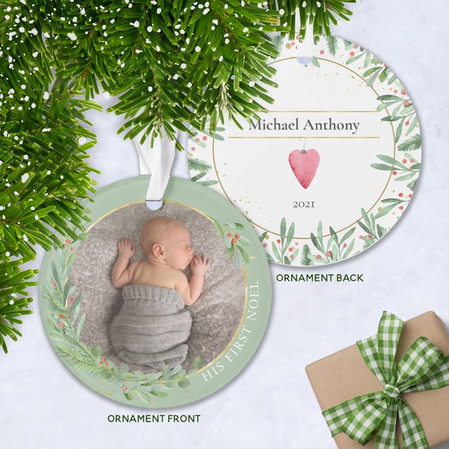 Sage "First Noel" Christmas Greenery Baby Photo Ornament (Creator Uploaded)
