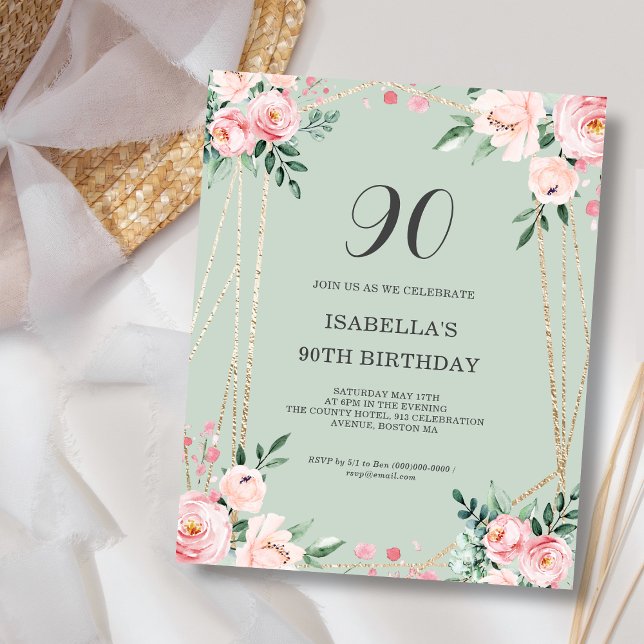 Sage Floral 90th Budget Birthday Invitation (Creator Uploaded)