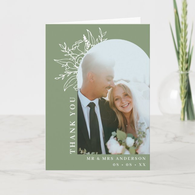 Sage Floral Arch Photo Wedding Folded Thank You Card (Front)