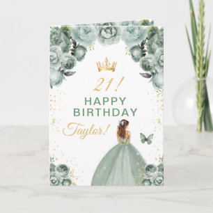 Sage Floral Brown Hair Girl Happy Birthday Card