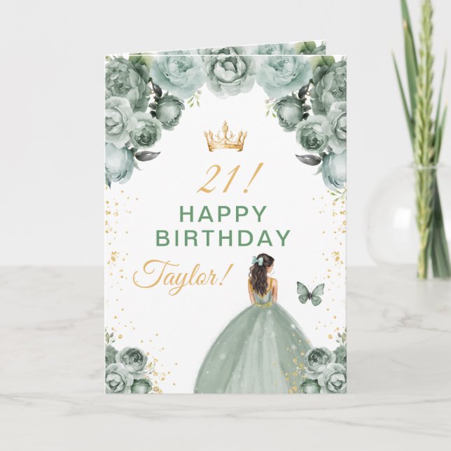 Sage Floral Brunette Hair Girl Happy Birthday Card (Front)