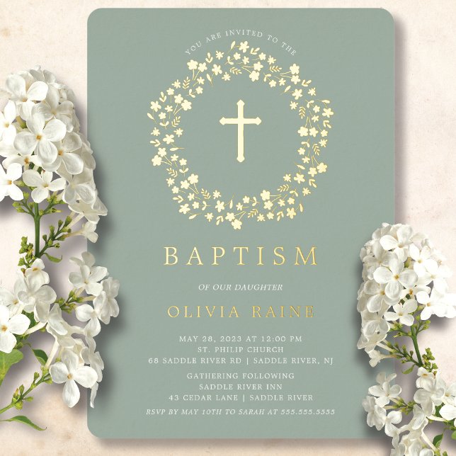 Sage Floral First Baptism Foil Invitation (Creator Uploaded)