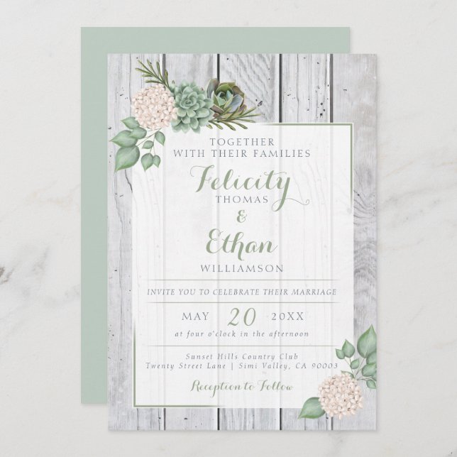 Sage Floral Flowers White Wood Wedding Invitation (Front/Back)