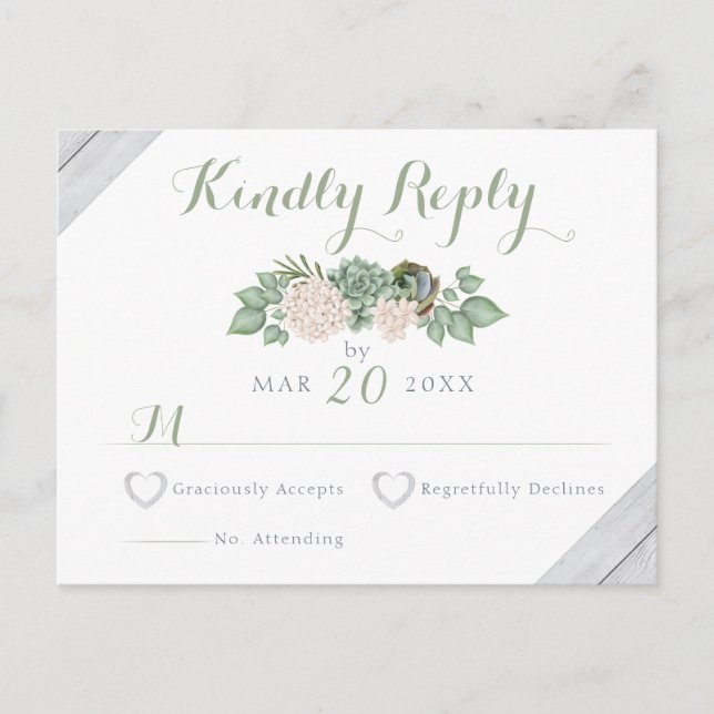 Sage Floral Flowers & White Wood Wedding RSVP Card (Front)
