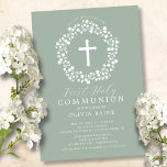 Sage Floral Girls First Communion Invitation<br><div class="desc">Beautiful First Communion invitations featuring a delicate floral wreath and cross set on a sage green background.  Flip our invitation over to view a coordinating back for an extra special touch.  Visit our shop to view our entire religious collection.</div>
