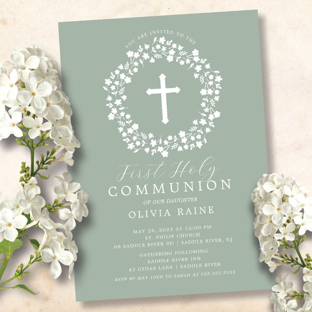 Sage Floral Girls First Communion Invitation (Creator Uploaded)