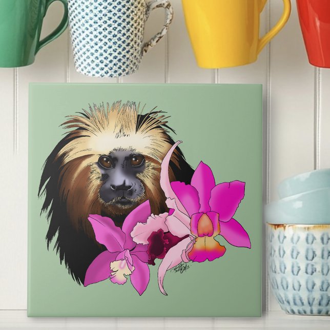Sage Floral Golden-Headed Lion Tamarin Monkey Ceramic Tile (Creator Uploaded)