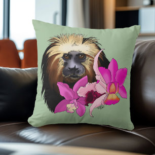 Sage Floral Golden-Headed Lion Tamarin Monkey Cushion