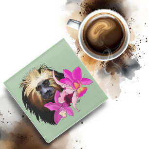 Sage Floral Golden-Headed Lion Tamarin Monkey Glass Coaster