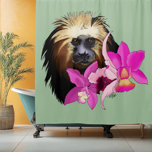 Sage Floral Golden-Headed Lion Tamarin Monkey Shower Curtain