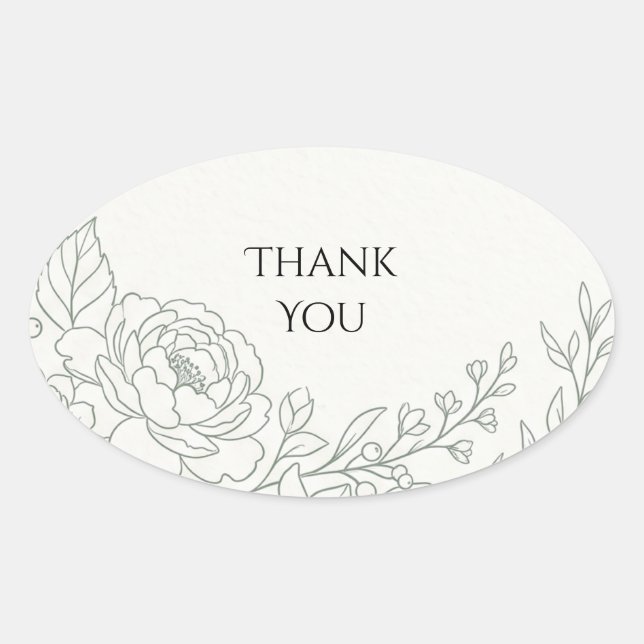 Sage Floral Line Art Thank You Oval Sticker (Front)