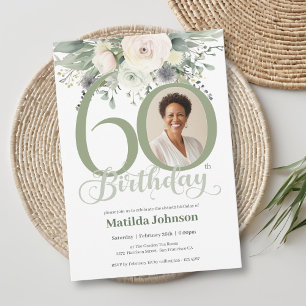 Sage Floral Photo 60th Birthday Invitation