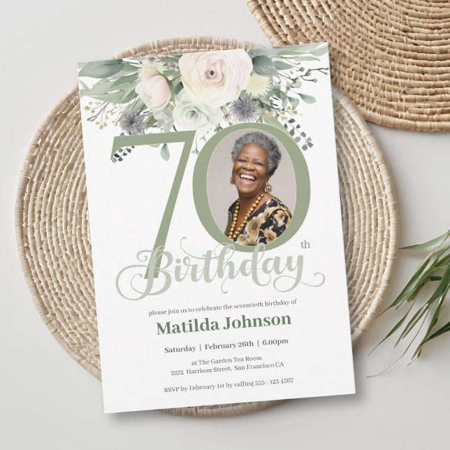 Sage Floral Photo 70th Birthday  Invitation (Sage Floral Photo 70th Birthday Invitation)