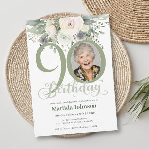 Sage Floral Photo 90th Birthday  Invitation