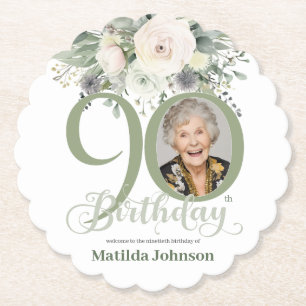 Sage Floral Photo 90th Birthday Paper Coaster