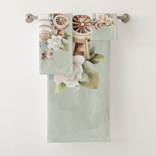 Sage Floral Train Boy Baby Shower Custom Gift  Bath Towel Set (Insitu)
