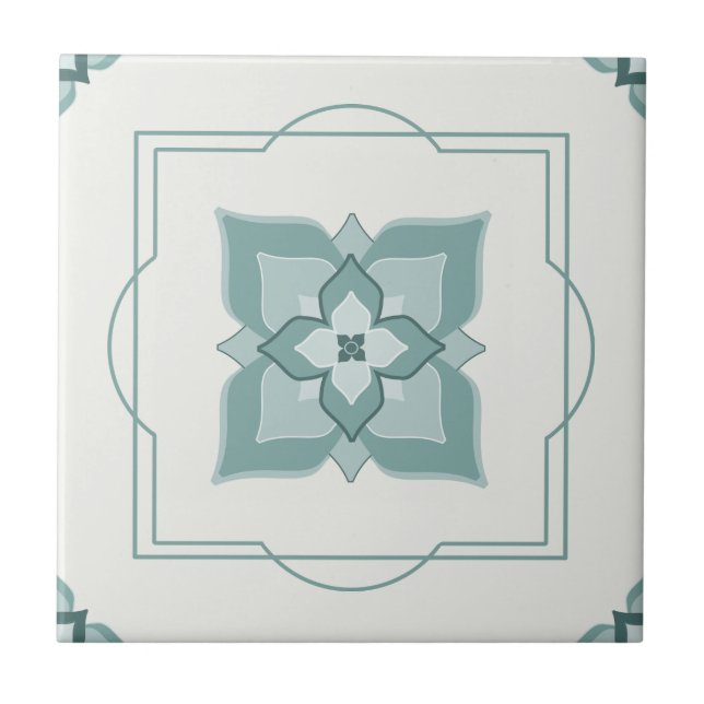 Sage Flower Motif Line Border Tiled Pattern Ceramic Tile (Front)