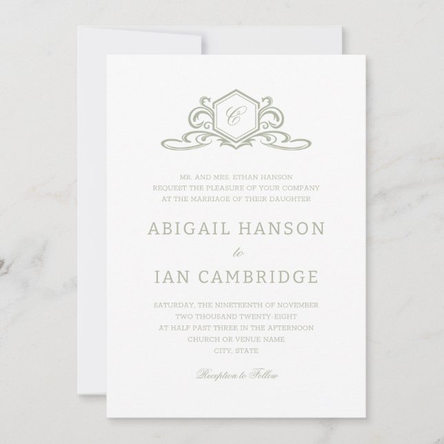Sage Formal Crest Monogram Elegant Wedding Invitation (Front)