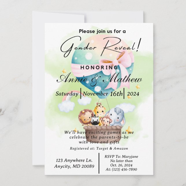 Sage Gender Reveal Animal Safari in a Hot Air Ball Invitation (Front)