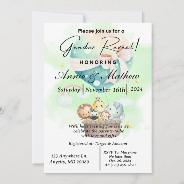 Sage Gender Reveal Animal Safari in a Hot Air Ball Invitation (Front)
