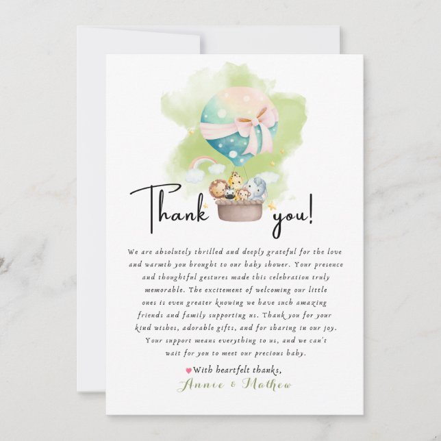 Sage Gender Reveal Baby Animal Safari Thank you   Card (Front)