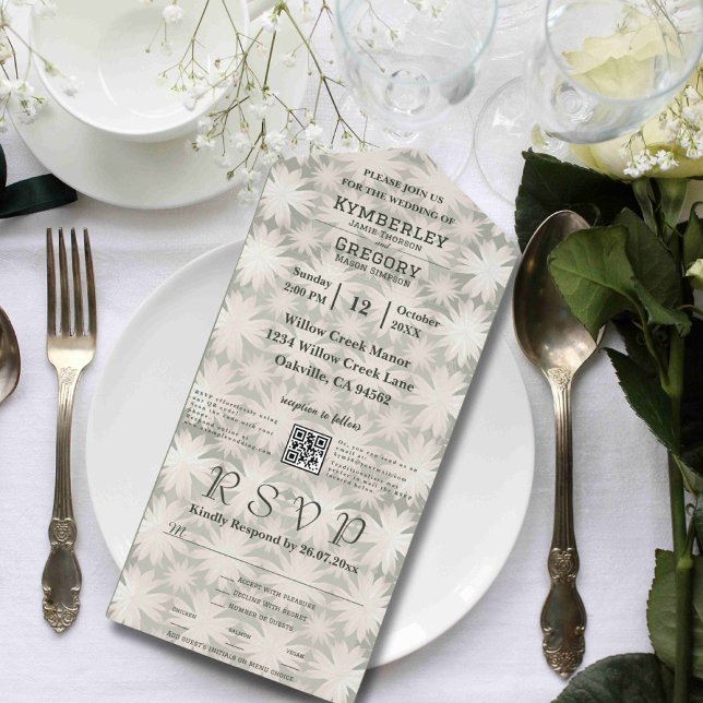 Sage Geometric Floral Pattern Email QR Code  All In One Invitation (Creator Uploaded)