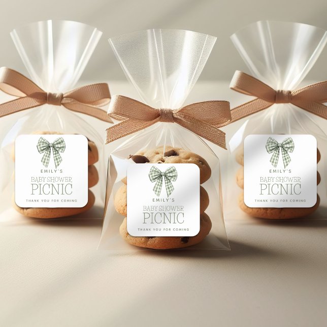 Sage Gingham Bow Name Baby Shower Thank You Square Sticker (Creator Uploaded)