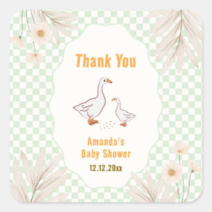 Sage Gingham Daisy Boho Silly Goose Baby Shower Square Sticker