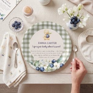 Sage Gingham Duckling Baby Shower Paper Plate