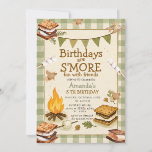 Sage Gingham Fall Camping Bonfire Marshmallow  Invitation