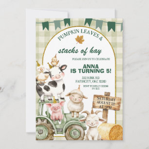 Sage Gingham Fall Pumpkin Farm Animal Birthday Invitation