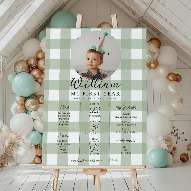 Sage Gingham First Birthday Milestone Timeline Poster (Creator Uploaded)