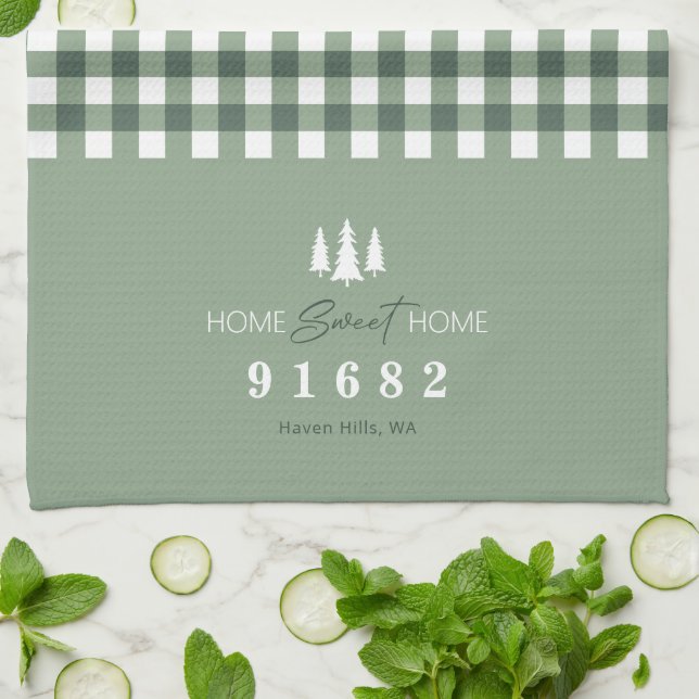 Sage Gingham Home Sweet Home Custom Zip Code  Tea Towel (Folded)