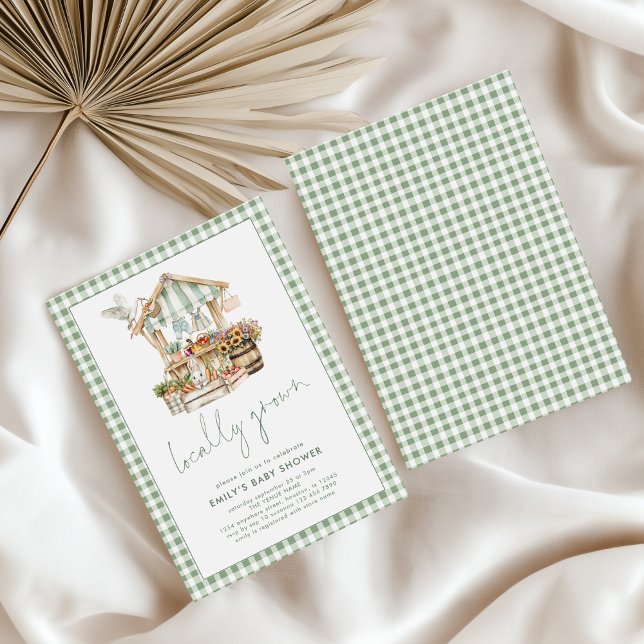 Sage Gingham Locally Grown Market Baby Shower  Invitation (Front and back view)