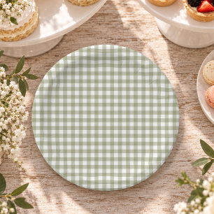Sage Gingham Paper Plate