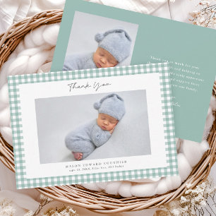 Sage Gingham Pattern Boys Photo Thank You Card