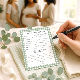 Sage Gingham Predictions Baby Shower Game Card