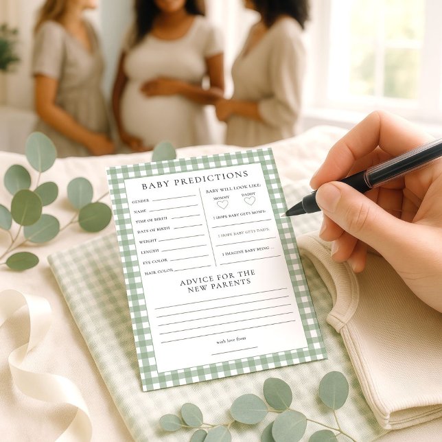 Sage Gingham Predictions Baby Shower Game Card (Creator Uploaded)