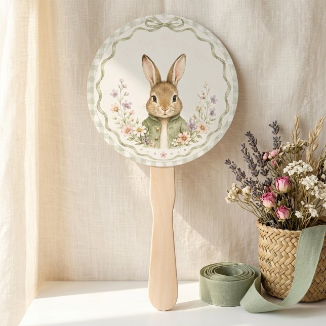 Sage Gingham Rabbit Baby Shower Hand Fan (Creator Uploaded)