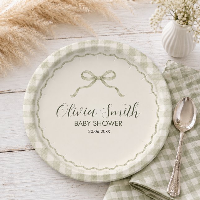 Sage Gingham Rabbit Baby Shower Paper Plate (Creator Uploaded)