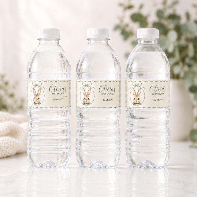 Sage Gingham Rabbit Baby Shower Water Bottle Label (Creator Uploaded)