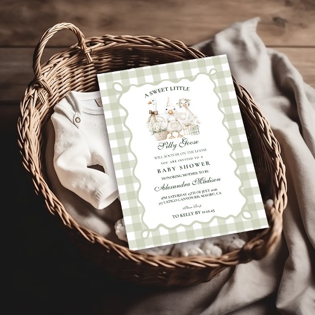 Sage Gingham Silly Goose Baby Shower Invitation (Creator Uploaded)