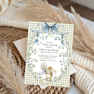 Sage Gingham Woodland Squirrel Baby Shower Invitation