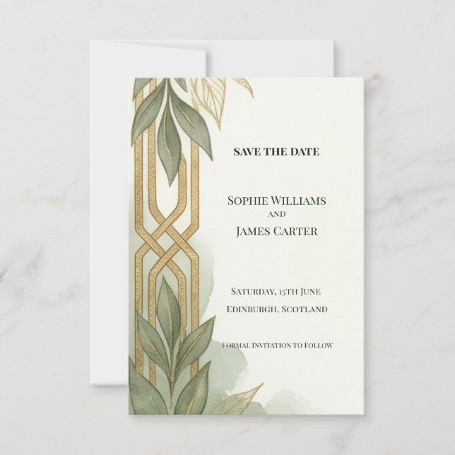 Sage Gold Art Deco Botanical Save The Date Card (Front)
